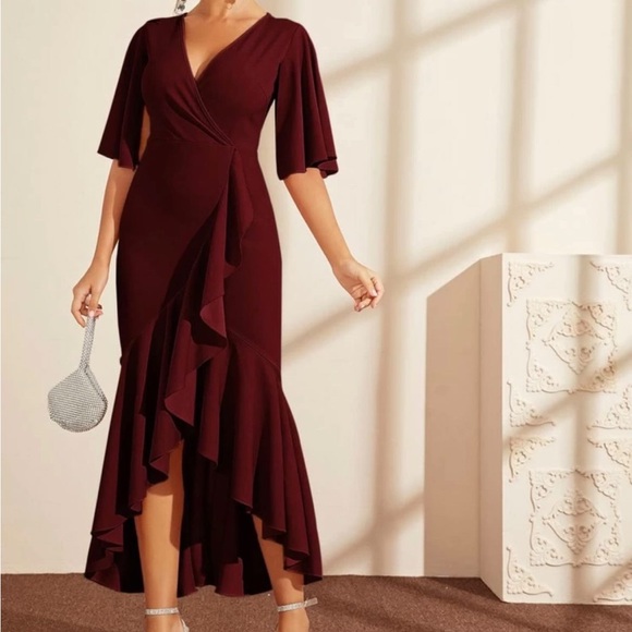 Romwe Semi Formal Wrap Ruffle Trip Maxi Maroon Dress - Picture 1 of 5